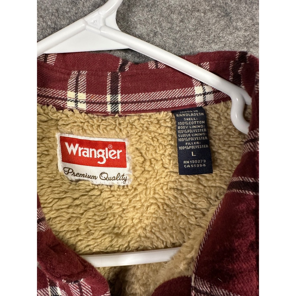 Wrangler Mens Flannel Shirt Jacket Sherpa Lined Plaid Button Up Maroon White - Picture 2 of 5